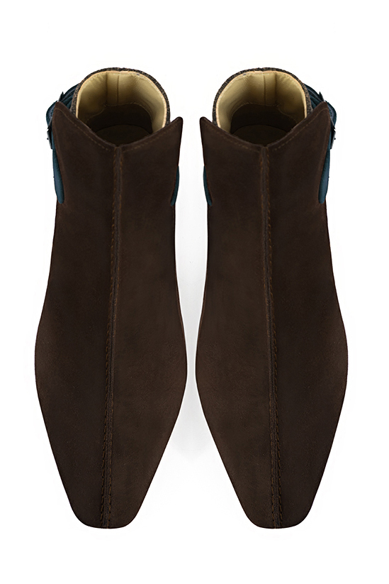 Dark brown and peacock blue women's ankle boots with buckles at the back. Square toe. Flat flare heels. Top view - Florence KOOIJMAN